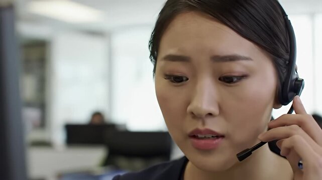 Close-up of a woman wearing a headset, likely in an office environment