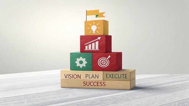 Pyramid Diagram of Vision, Planning, Execution, and Success with Colorful Blocks and Icons