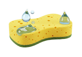 Isolated Yellow Cleaning Sponge with Water Droplets