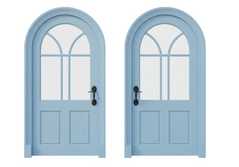 Isolated Pair of Arched Light Blue Doors with Glass Panes
