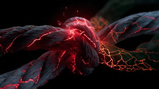 A rope with a knot in it and red and orange sparks. The rope is black. Conceptual symbolic close‑up of India China flags tied in a knot over border map, dark dramatic mood with glowing red highlights