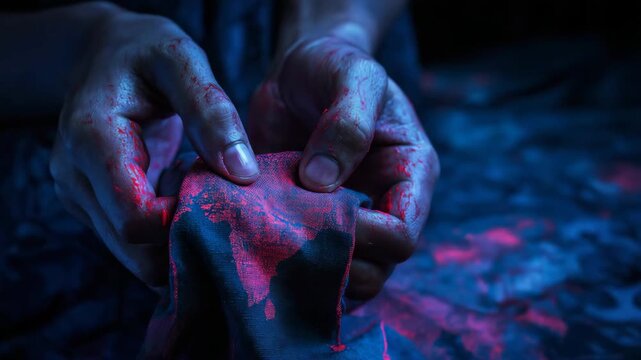 Person is holding a piece of fabric with red paint on it. Close‑up of hands squeezing India China border map like cloth, dripping red and navy light, conceptual dark dramatic