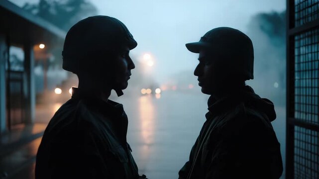 Two men in military uniforms are standing in front of a gate. Faceless soldiers in silhouette facing each other, India China border checkpoint in background, cold cinematic muted tones