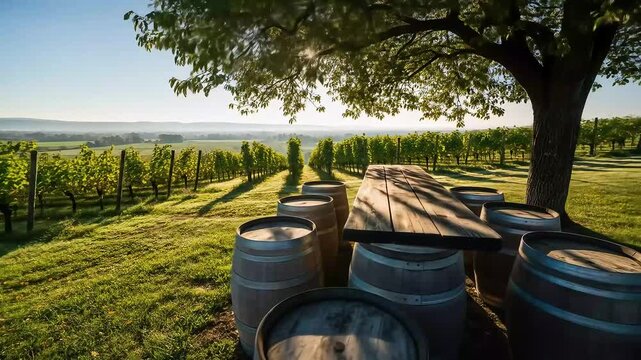 Picturesque Vineyard Landscape with Lush Green Rows and a Wooden Table Arranged on Barrels Under the Sunlight in a Tranquil Rural Setting