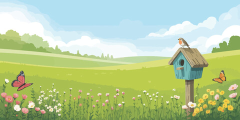 "Countryside landscape with colorful flowers, butterflies, and birdhouse under blue sky, depicting serene nature and springtime beauty"