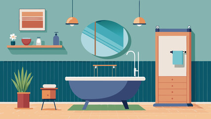 Modern bathroom with blue bathtub and orange cabinet