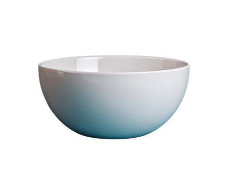 A round, shallow bowl features a smooth, gradient color transition from white at the top to a teal blue at the bottom