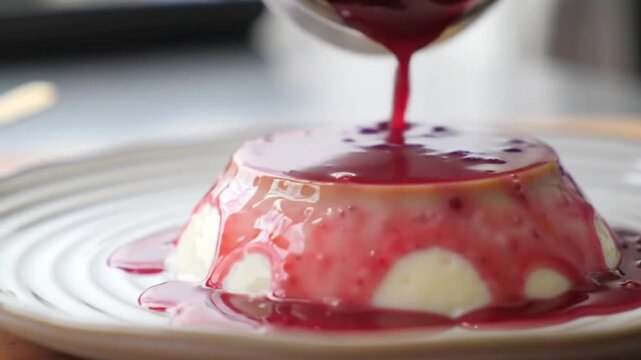Dessert with strawberry jam. A hand pours raspberry glaze over a panna cotta, glaze flows smoothly and coats the surface.