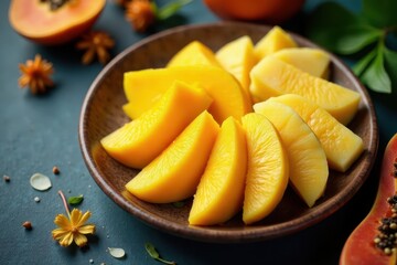 Vibrant mango, pineapple, papaya slices arranged artfully on a rustic plate , sweet, culinary, deliciousness