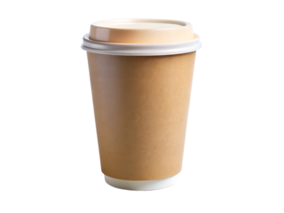 Brown paper coffee cup with white lid isolated on transparent background
