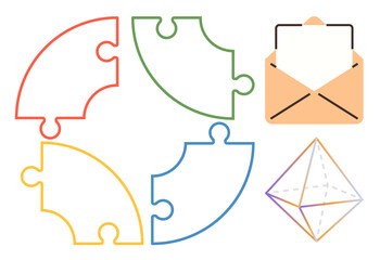 Four interconnected puzzle pieces forming a circle, open envelope with paper, geometric prism. Ideal for teamwork, communication, organization, problem-solving, education creativity minimalism. A