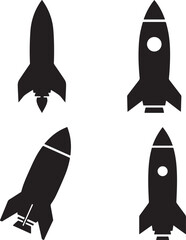 Four black rocket ship silhouettes in different dynamic poses silhouette