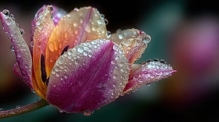 Pink Tulip with Dew Drops on Petals Against Dark Background