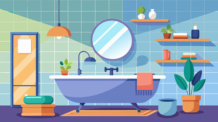 Modern bathroom with bathtub mirror and shelving