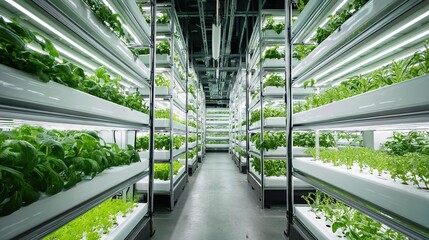 Vertical farm with vegetables growing on multi-layer racks, LED lights providing illumination, tech-inspired design, white and green as main colors