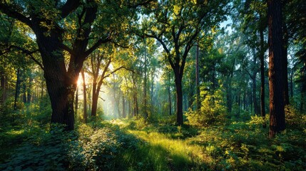 Obraz premium Sunbeams in a lush forest