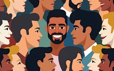 Male diverse faces of different ethnicity seamless pattern. Men empowerment movement pattern. Fathers day graphic in vector. High quality