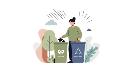 Illustration of a person separating trash for recycling and composting. Sustainable living and waste management concept for environmental care.