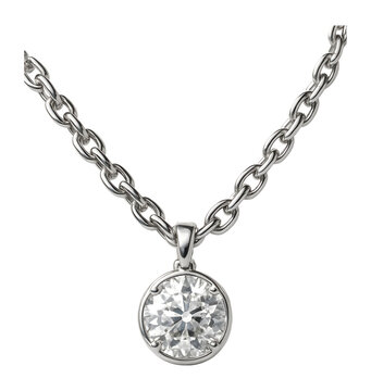 Elegant silver chain necklace featuring a sparkling round diamond pendant on transparent background.
