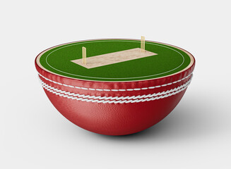 Red cricket ball with white stitching and a miniature cricket field on top. 3D Illustration