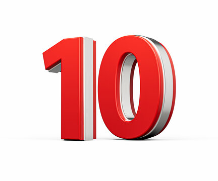 Bold Vibrant Red Number Ten Number 10 With Metallic On White Background 3D Illustration