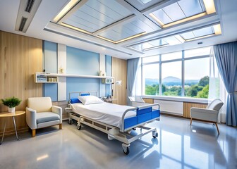 Modern hospital room with adjustable bed and warm ambient lighting