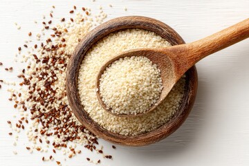 Wooden bowl of sesame seeds, scattered seeds