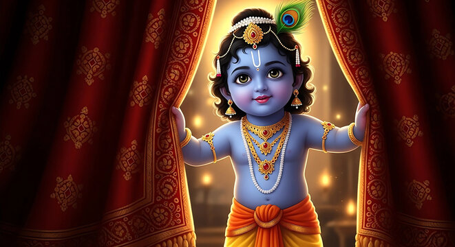 Fototapeta Cute Bal Krishna Revealing from Curtains: Divine Art Wallpaper,Happy Janmashtami Art,Baby Krishna with Open Curtains