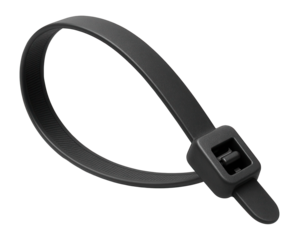 Black plastic cable tie with a locking mechanism for securing cables on transparent background.
