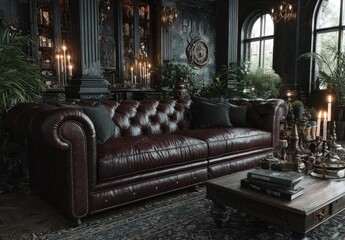 Dark, opulent living room with leather couch