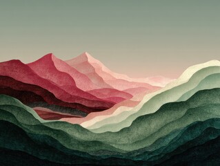 Abstract mountain range, layered in soft, muted colors of red, pink, green, and gray