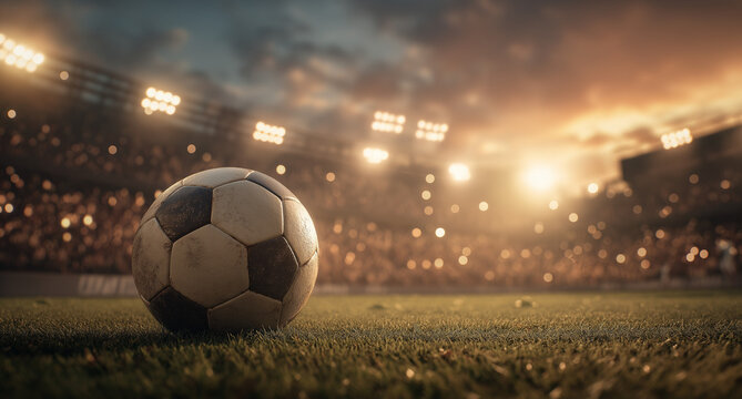 A soccer ball on the grass in front of an illuminated stadium with lights and people cheering during sunset. The background is a football field with fans