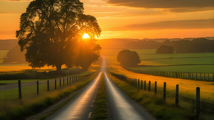 Fototapeta premium A sunburst shines through a tree over a long country road at sunrise, with green fields on either side.