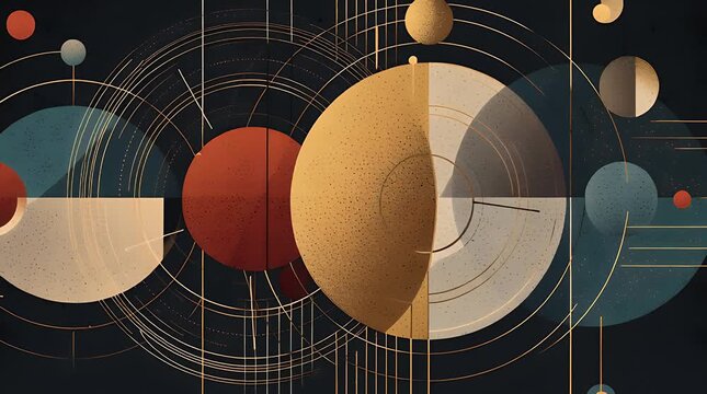 Abstract geometric composition of overlapping circles, segments, and lines in warm earth tones and muted blues, set against a dark background