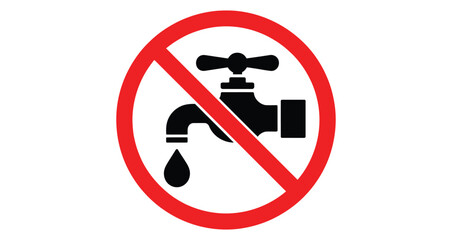 Prohibition sign with water faucet and droplet crossed by red circle and diagonal line, symbolizing no water usage or conservation restriction