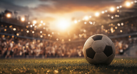 Fototapeta premium A soccer ball on the grass in front of an illuminated stadium with lights and people cheering during sunset. The background is a football field with fans