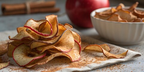 Closeup of homemade apple chips with cinnamon on a rustic table.