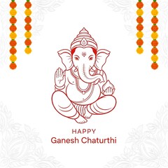 Red line art of ganesh chaturthi with flower garlands and white floral background pattern design element