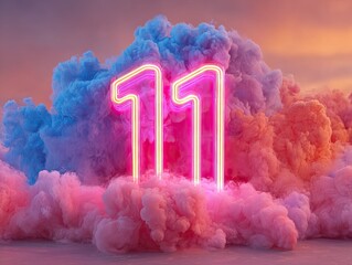 Neon number eleven in pink smoke clouds
