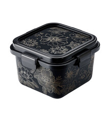 Square black plastic food container with a floral design