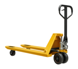 Yellow manual pallet jack with black handle and wheels for warehouse material handling on transparent background.