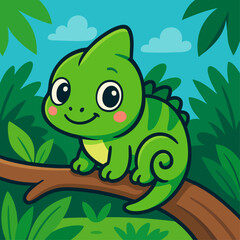 Cute Cartoon Chameleon Vector Illustration in Jungle Scene