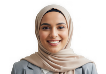 Beautiful smiling young muslim woman in hijab headscarf portrait stock photo, islamic culture, isolated on transparent background