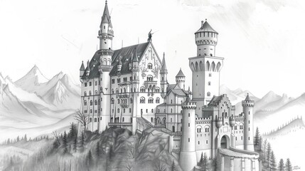 Obraz premium Monochromatic castle atop a mountain. Grey tones depict a grand fortress with towers, nestled amidst a snowy mountain range, with forested valleys
