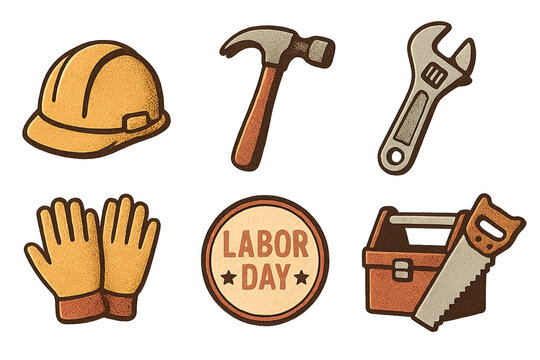 Labor day icon set featuring tools and helmet, isolated png on transparent background