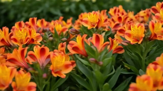 Vibrant Orange Alstroemeria Flowers with Spotted Petals and Green Leaves in a Natural Setting under Soft Lighting