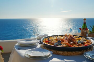 Obraz premium Seafood paella and wine overlooking ocean 