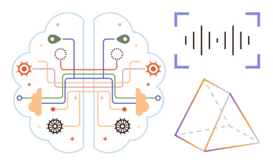 Obraz premium Brain diagram with interconnected circuits, soundwave for AI or neural network, and triangular prism. Ideal for technology, AI, neural interface, innovation, creativity, education abstract