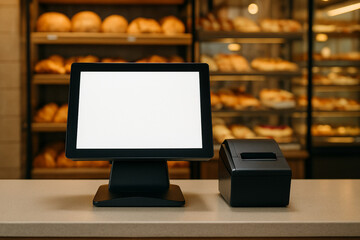 A point-of-sale system with a blank screen sits on a counter in a bakery.
