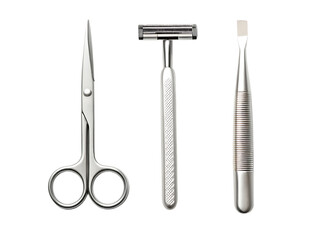 Silver grooming tools scissors razor cuticle pusher isolated on a transparent background image